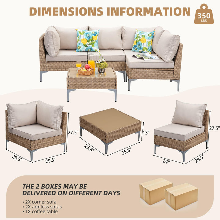 SunloungeCo 5-Piece Patio Furniture Set, Outdoor Wicker Sectional Sofa with Coffee Table, Anti-Slip &amp; Thick All-Weather Cushions for Party, Garden, Backyard, Beige 
