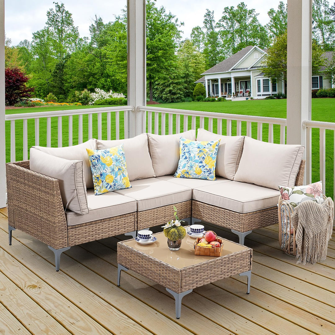 SunloungeCo 5-Piece Patio Furniture Set, Outdoor Wicker Sectional Sofa with Coffee Table, Anti-Slip &amp; Thick All-Weather Cushions for Party, Garden, Backyard, Beige 