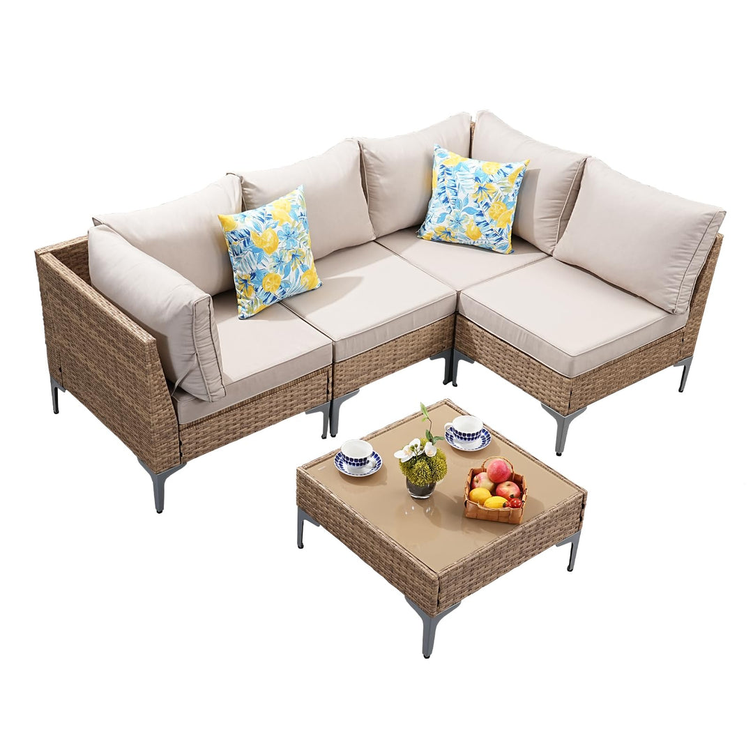SunloungeCo 5-Piece Patio Furniture Set, Outdoor Wicker Sectional Sofa with Coffee Table, Anti-Slip &amp; Thick All-Weather Cushions for Party, Garden, Backyard, Beige 
