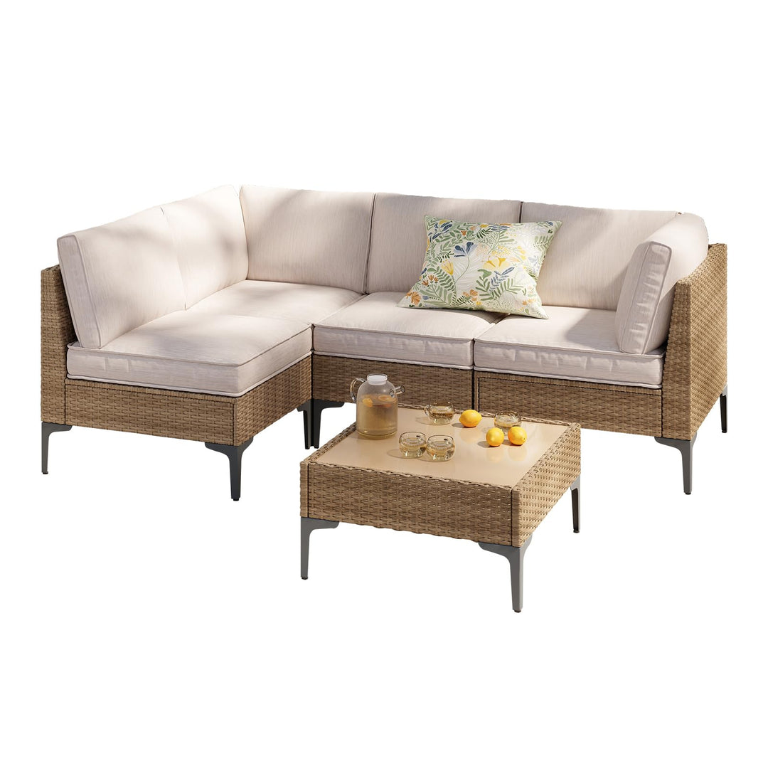 SunloungeCo 5-Piece Patio Furniture Set, Outdoor Wicker Sectional Sofa with Coffee Table, Anti-Slip &amp; Thick All-Weather Cushions for Party, Garden, Backyard, Beige 