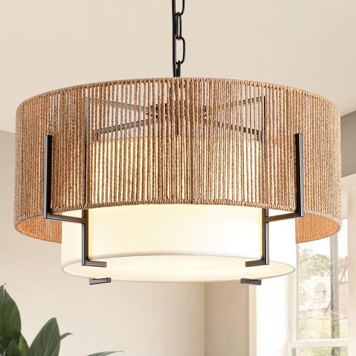 SupMaka 4-Light Rattan Chandelier for Dining Room, 19.7" Boho Pendant Light 