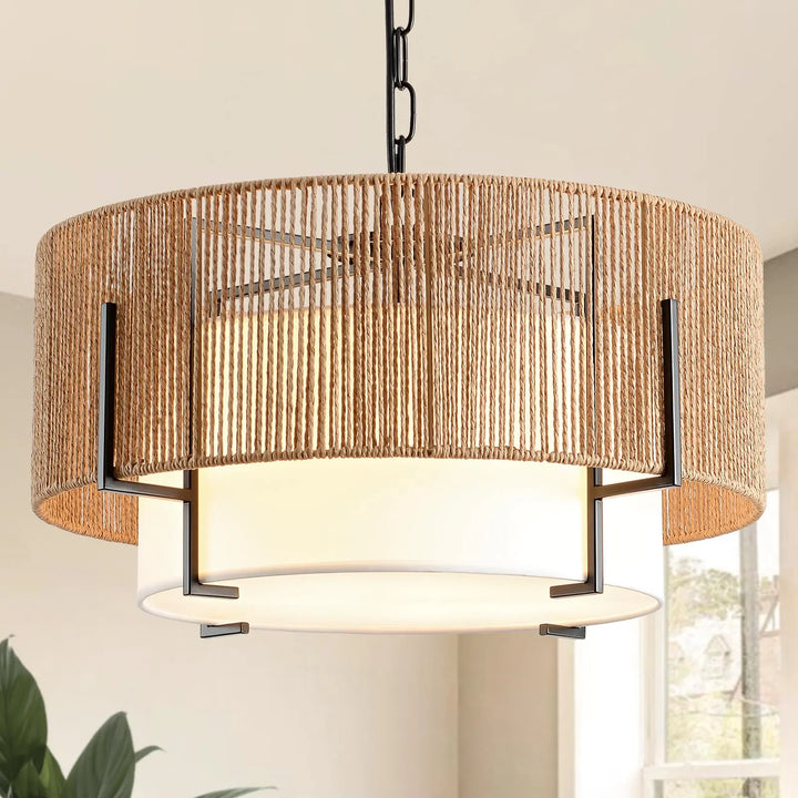 SupMaka 4-Light Rattan Chandelier for Dining Room, 19.7" Boho Pendant Light