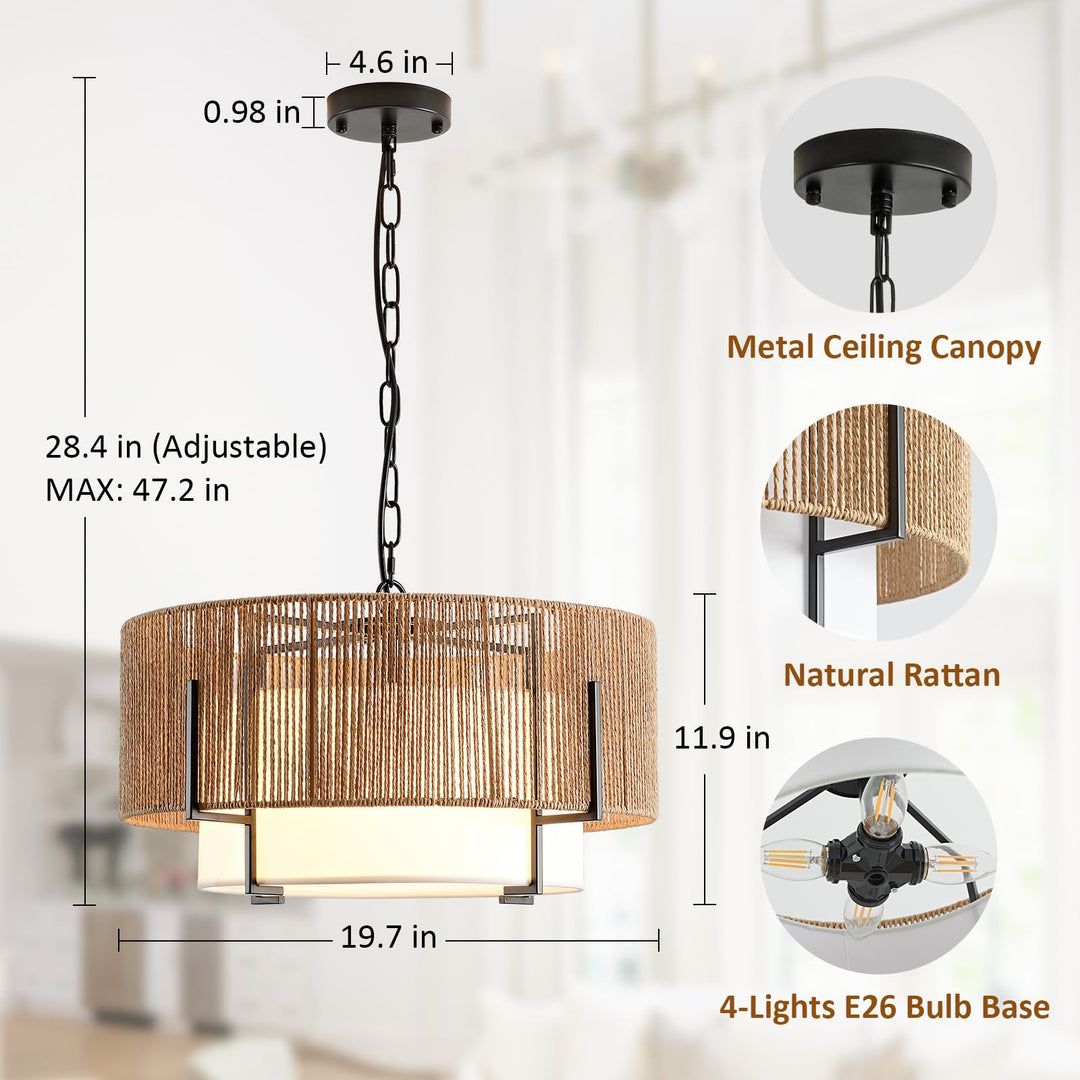 SupMaka 4-Light Rattan Chandelier for Dining Room, 19.7" Boho Pendant Light 