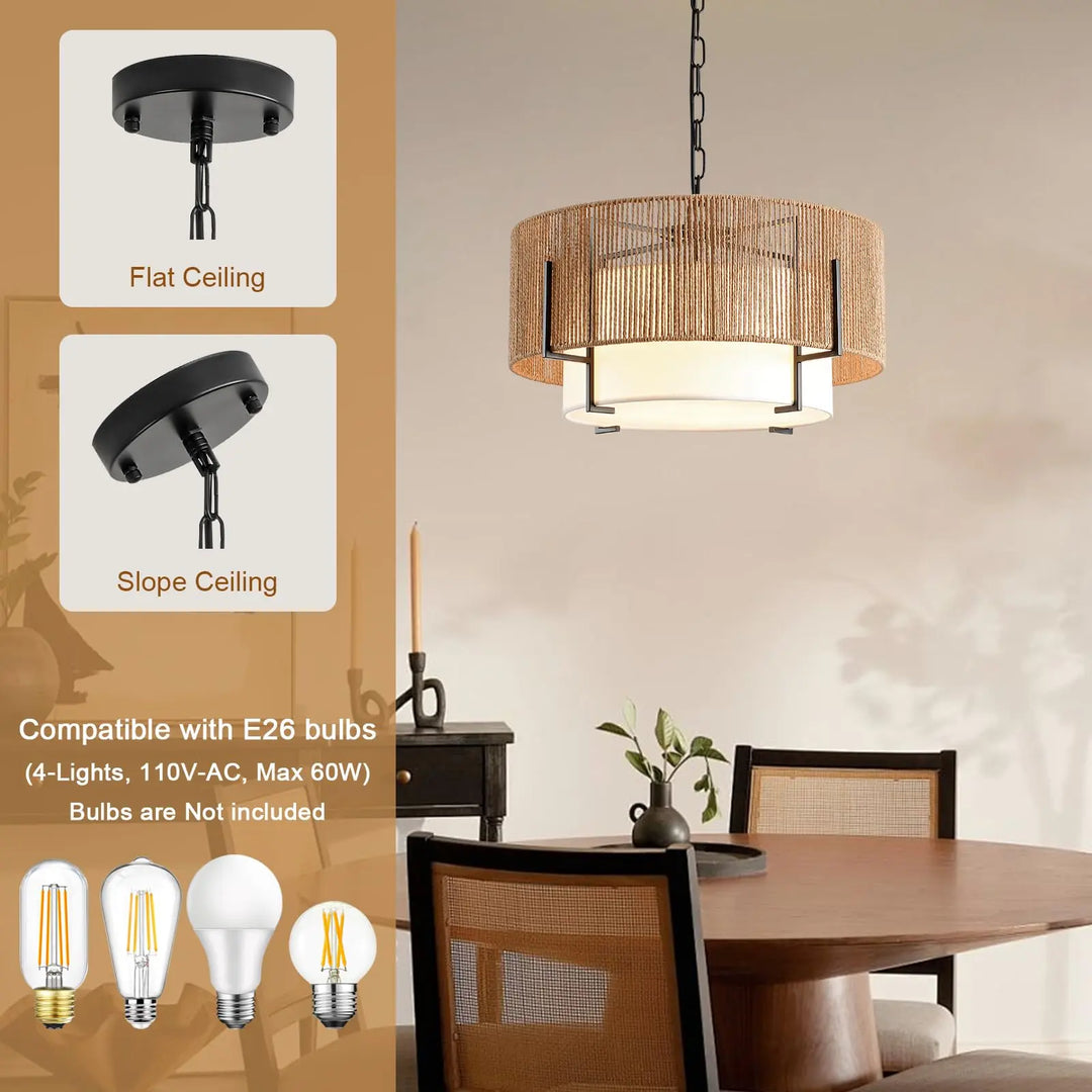 SupMaka 4-Light Rattan Chandelier for Dining Room, 19.7" Boho Pendant Light