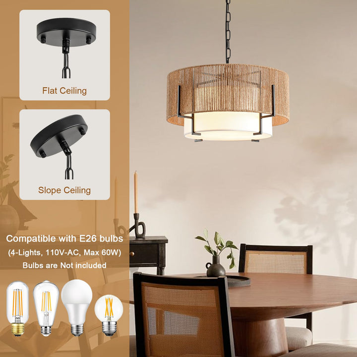 SupMaka 4-Light Rattan Chandelier for Dining Room, 19.7" Boho Pendant Light 