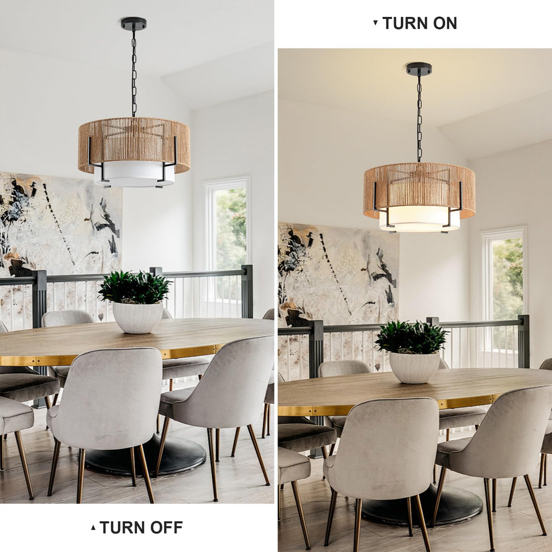 SupMaka 4-Light Rattan Chandelier for Dining Room, 19.7" Boho Pendant Light 