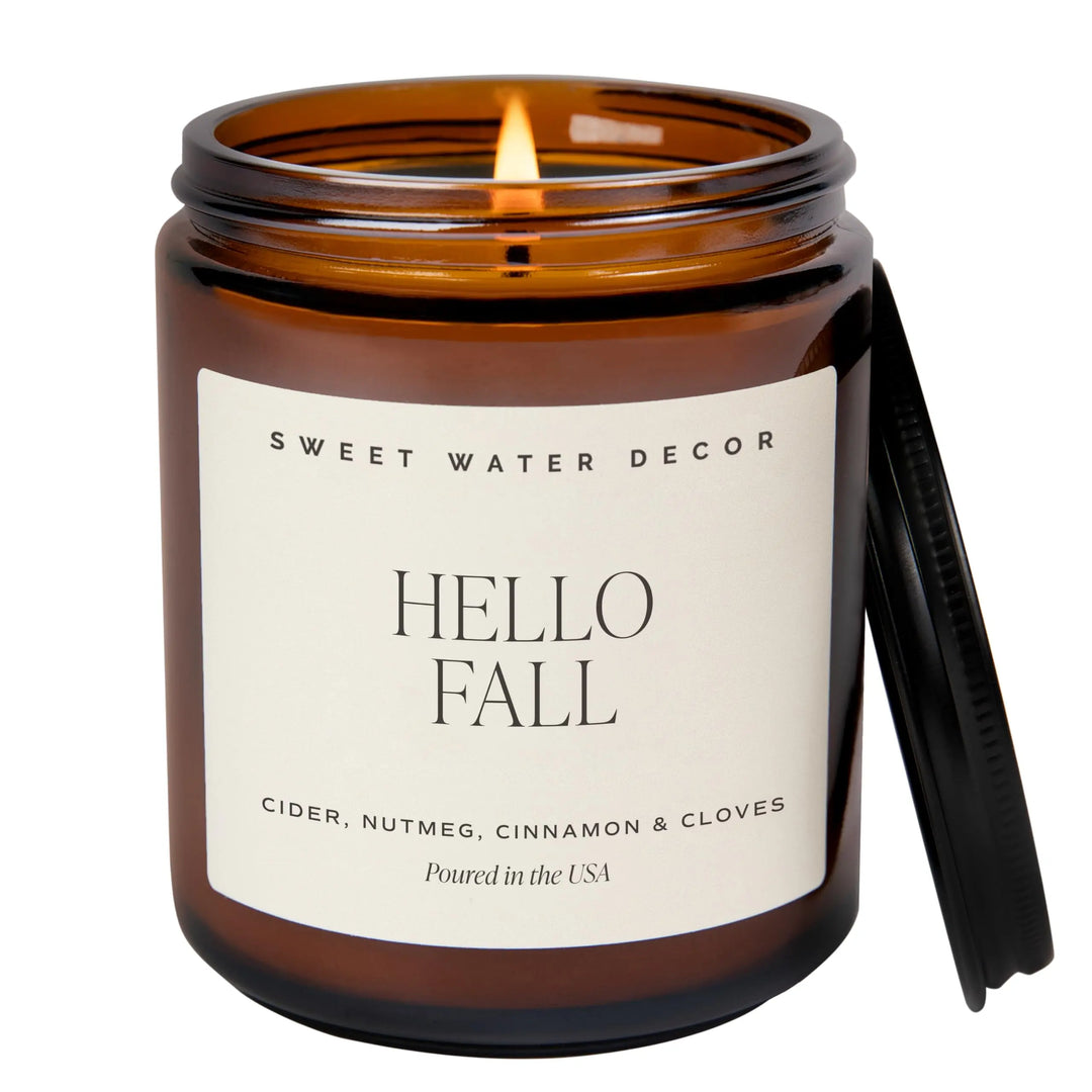 Sweet Water Decor Hello Fall Candle, 9oz Amber Jar, Autumn Scents