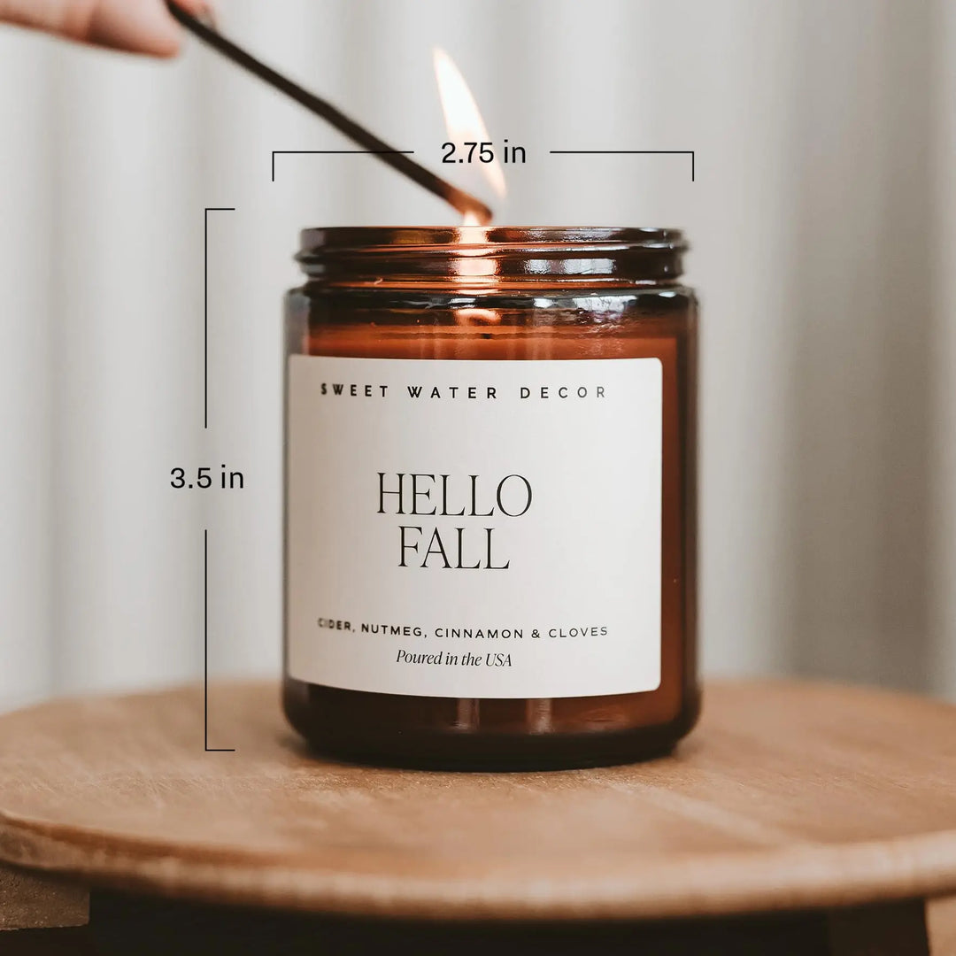 Sweet Water Decor Hello Fall Candle, 9oz Amber Jar, Autumn Scents