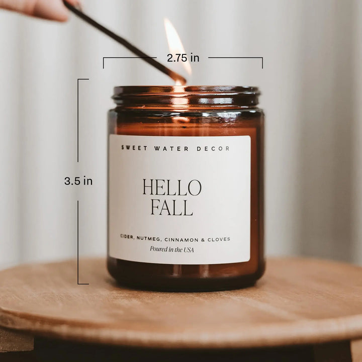 Sweet Water Decor Hello Fall Candle, 9oz Amber Jar, Autumn Scents