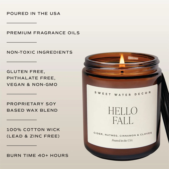 Sweet Water Decor Hello Fall Candle, 9oz Amber Jar, Autumn Scents