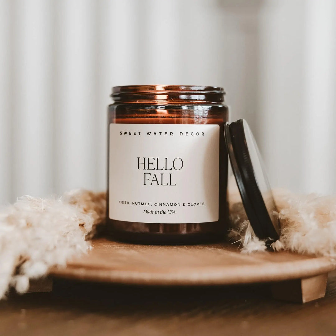 Sweet Water Decor Hello Fall Candle, 9oz Amber Jar, Autumn Scents