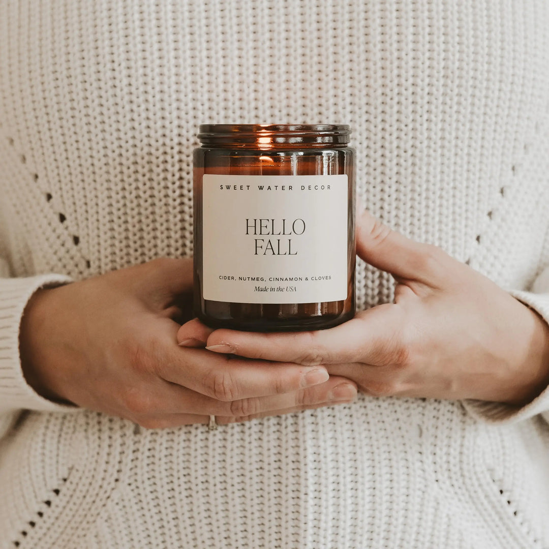 Sweet Water Decor Hello Fall Candle, 9oz Amber Jar, Autumn Scents