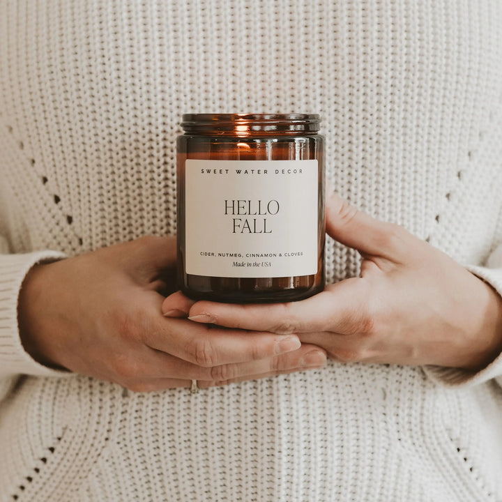 Sweet Water Decor Hello Fall Candle, 9oz Amber Jar, Autumn Scents