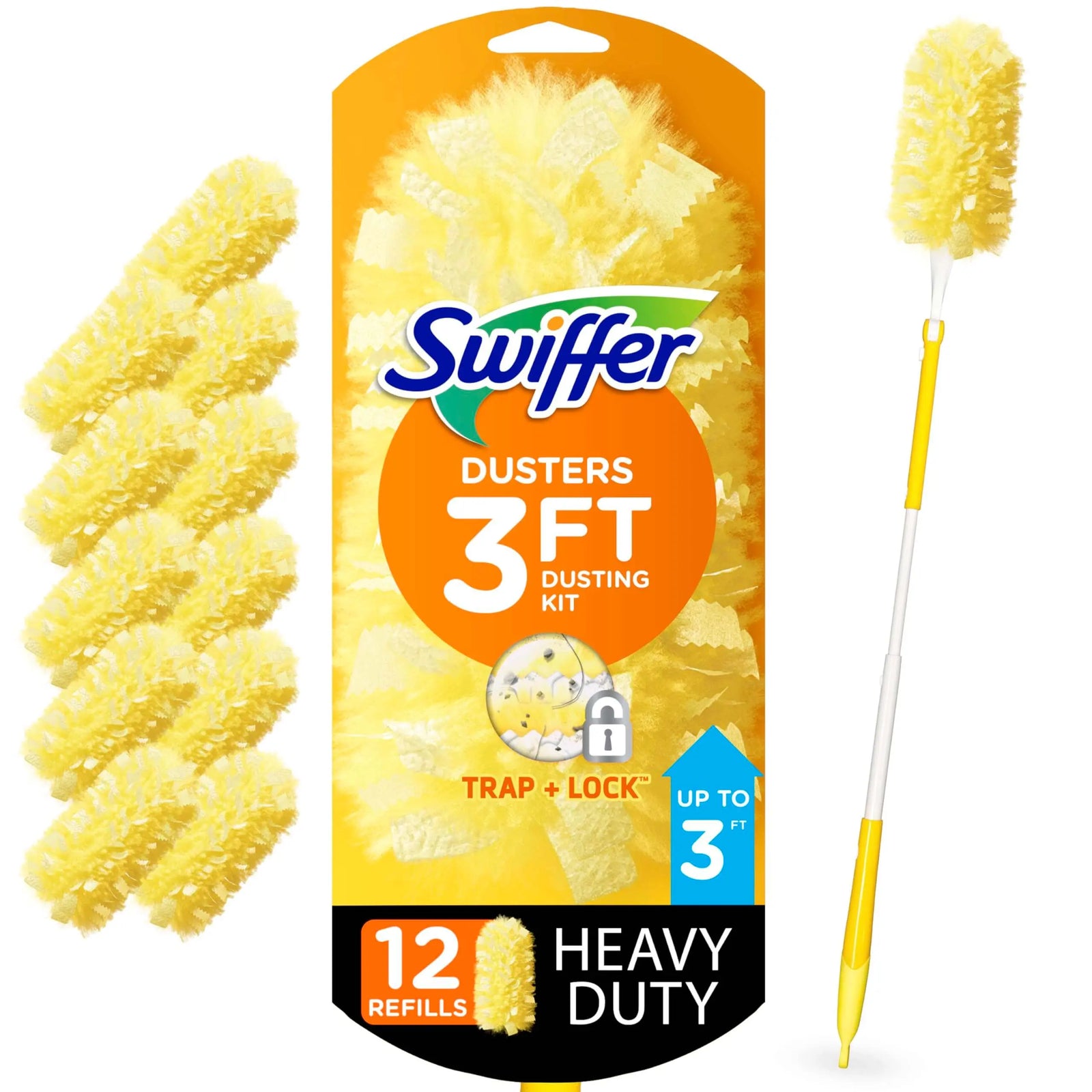 Swiffer Duster Heavy Duty Dusting Kit, Cleaning Supplies, 3 ft Extended Handle, 1 Duster, 12 Refills 