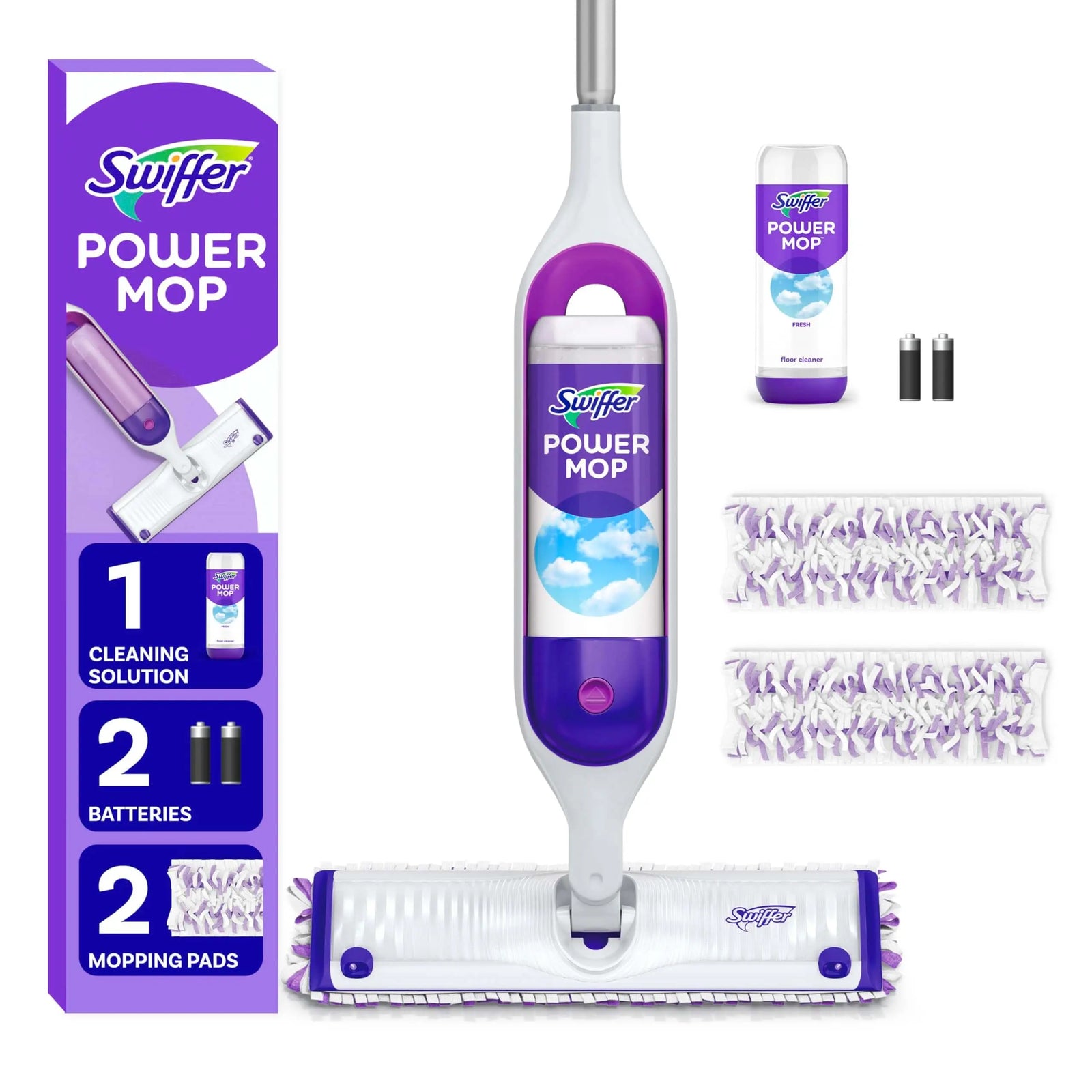 Swiffer PowerMop Multi-Surface Mop Kit for Floor Cleaning, Includes PowerMop, 2 Mopping Pad Refills, 1 Cleaning Solution with Fresh Scent and 2 Batteries 