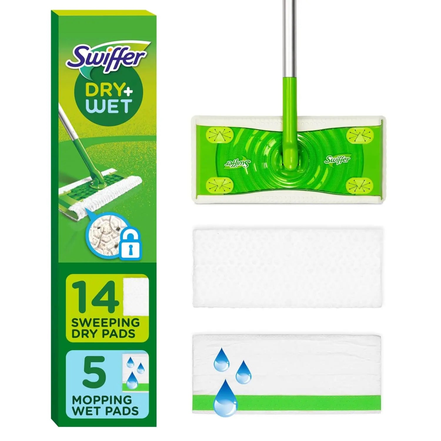 Swiffer Sweeper 2-in-1 Dry + Wet Floor Mopping and Sweeping Kit, Multi-Surface Kit for Floor Cleaning, Kit Includes 1 Sweeper, 14 Dry Sweeping Cloths, 5 Wet Mopping Cloths 