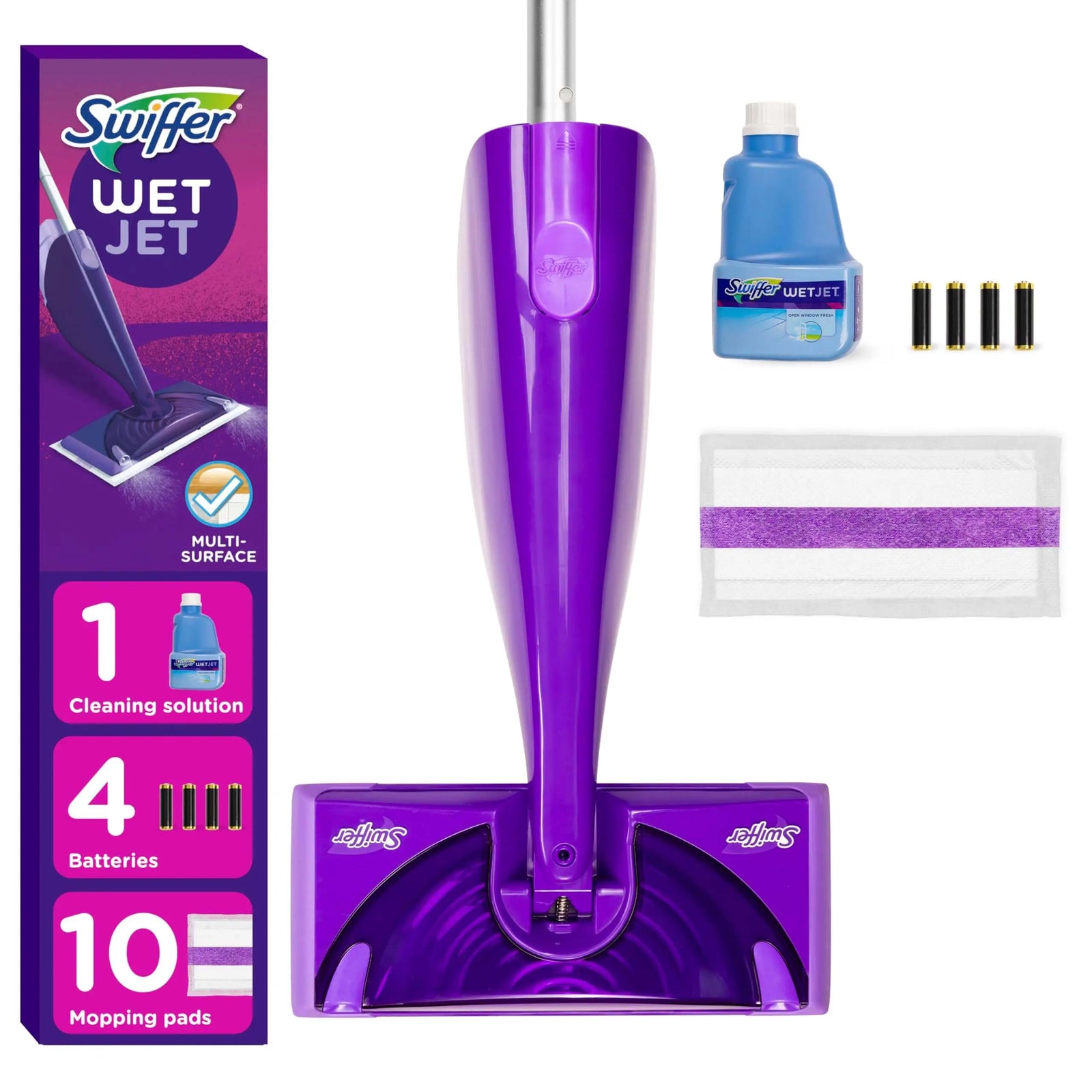 Swiffer WetJet Hardwood and Floor Spray Mop Cleaner Starter Kit, Includes: 1 Power Mop, 10 Pads, Cleaning Solution, Batteries 