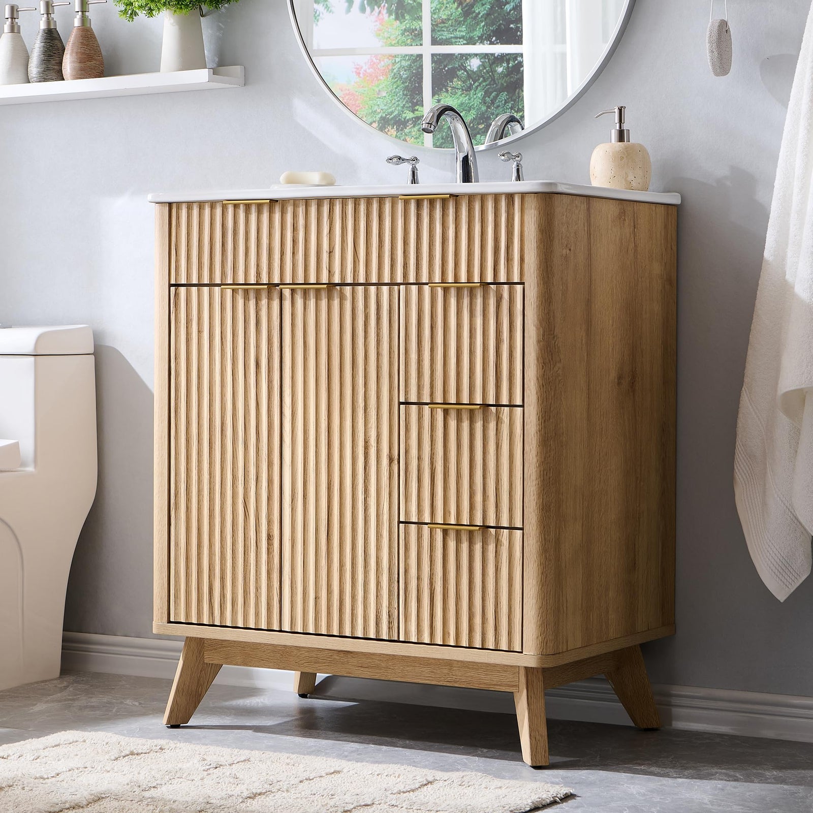 T4TREAM 30" Fluted Bathroom Vanity with Ceramic Sink Combo, Natural Oak 