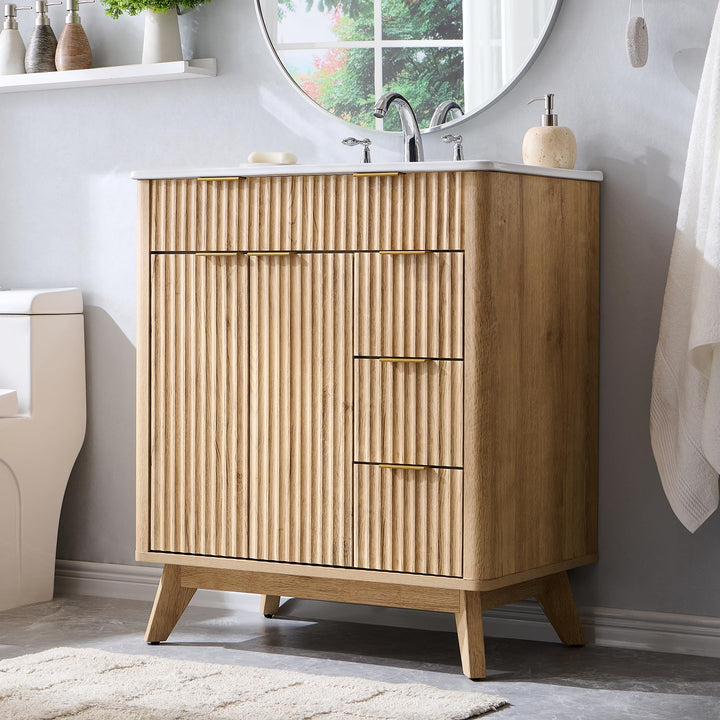 T4TREAM 30" Fluted Bathroom Vanity with Ceramic Sink Combo, Natural Oak 