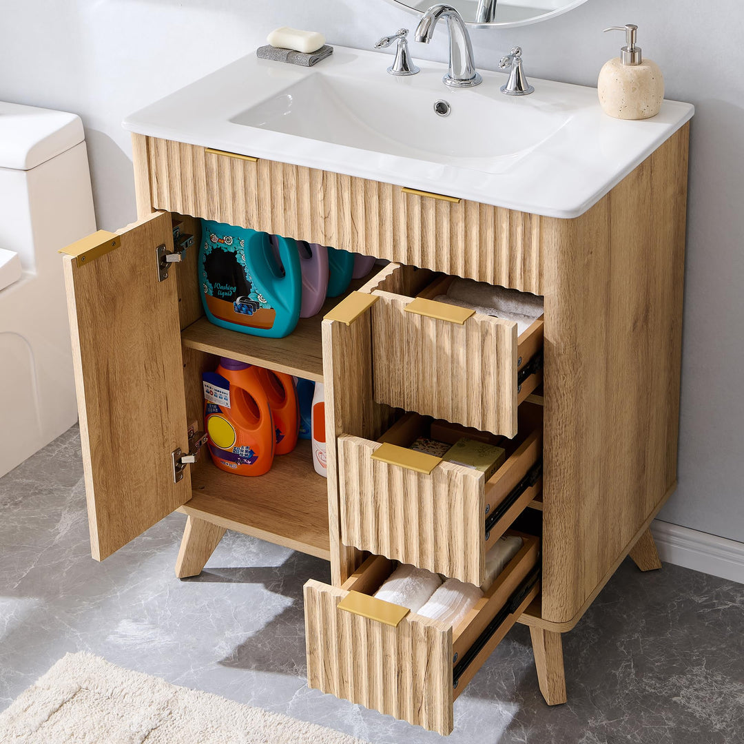 T4TREAM 30" Fluted Bathroom Vanity with Ceramic Sink Combo, Natural Oak 