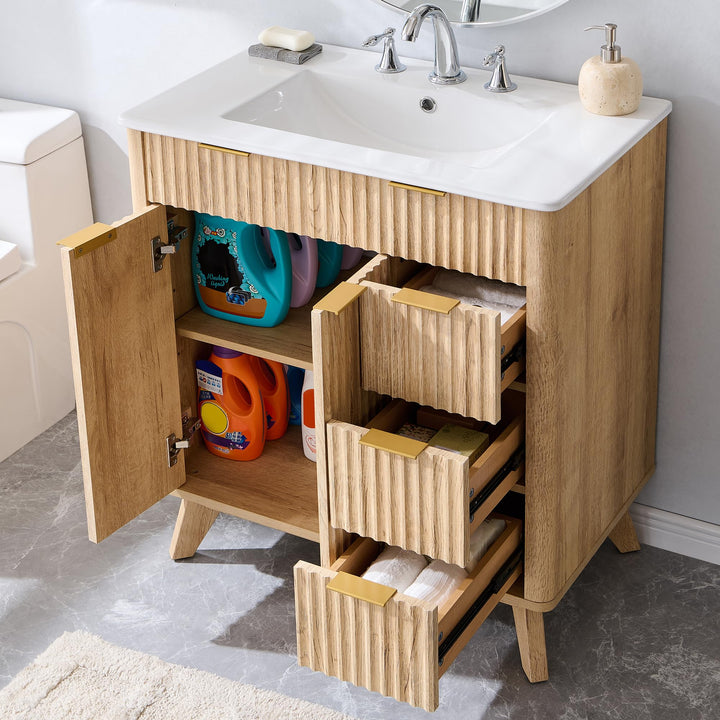 T4TREAM 30" Fluted Bathroom Vanity with Ceramic Sink Combo, Natural Oak 