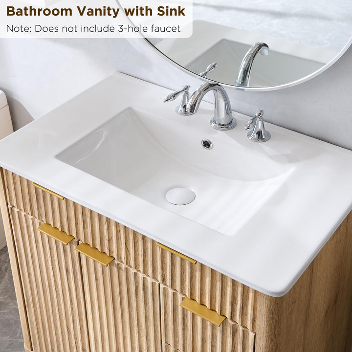 T4TREAM 30" Fluted Bathroom Vanity with Ceramic Sink Combo, Natural Oak 