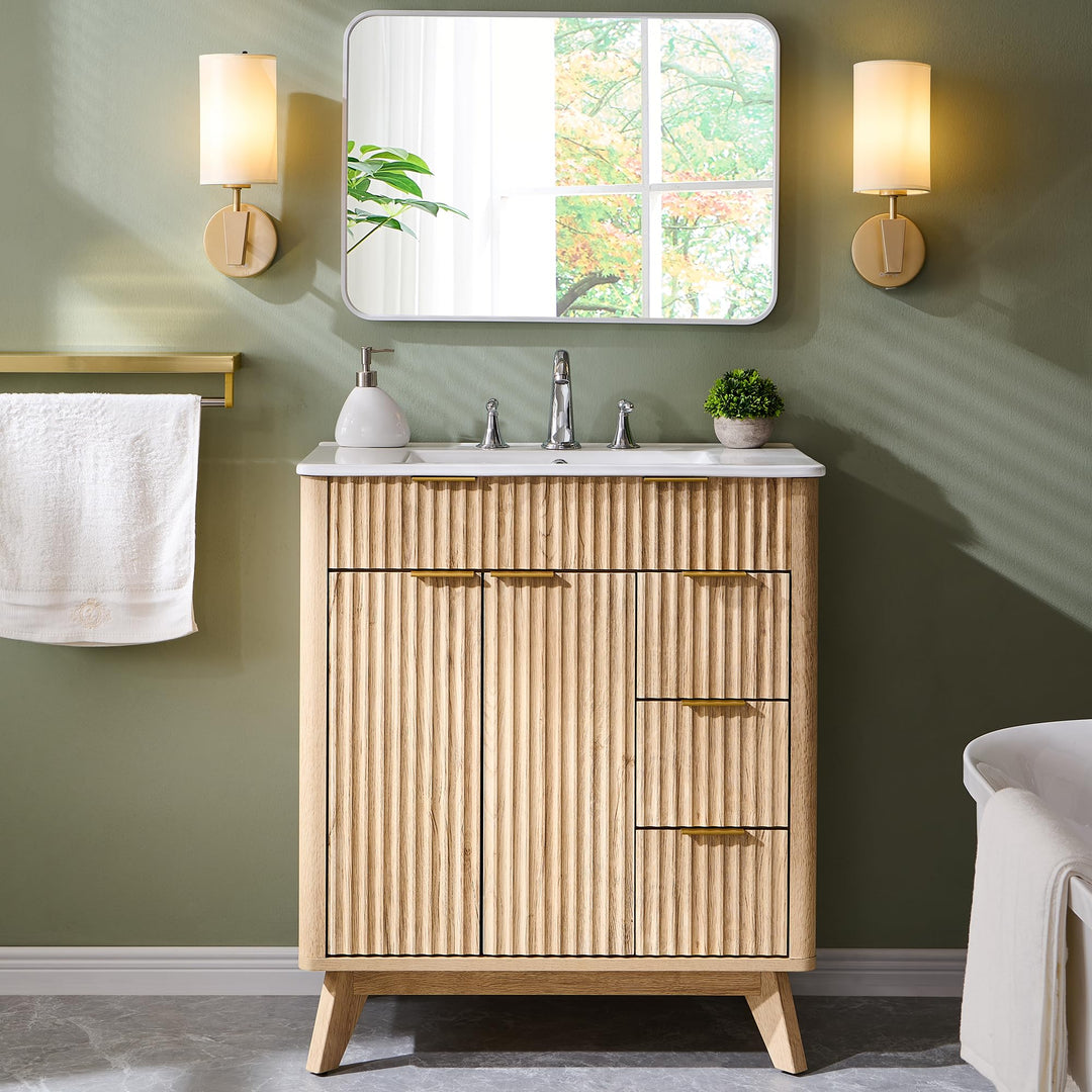 T4TREAM 30" Fluted Bathroom Vanity with Ceramic Sink Combo, Natural Oak 