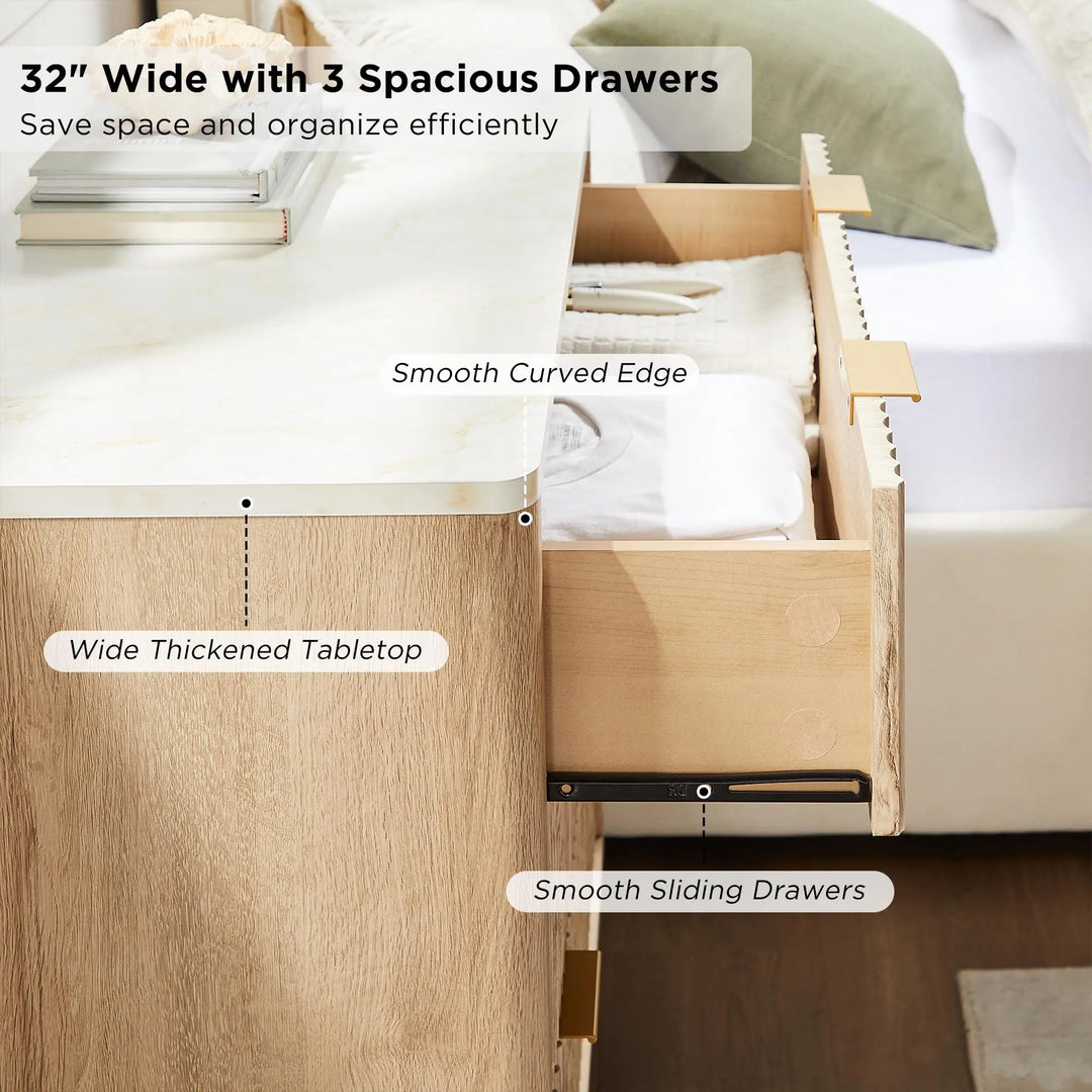 T4TREAM 32" Large Fluted Nightstand with 3 Drawers Set of 2, Natural Oak 