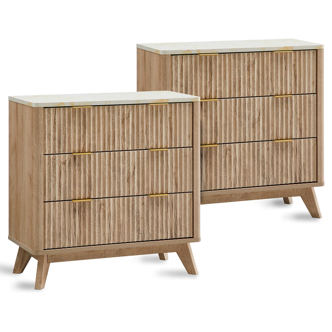 T4TREAM 32" Large Fluted Nightstand with 3 Drawers Set of 2, Natural Oak 