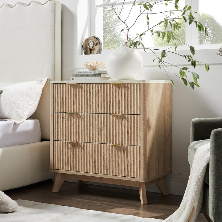 T4TREAM 32" Large Fluted Nightstand with 3 Drawers Set of 2, Natural Oak 