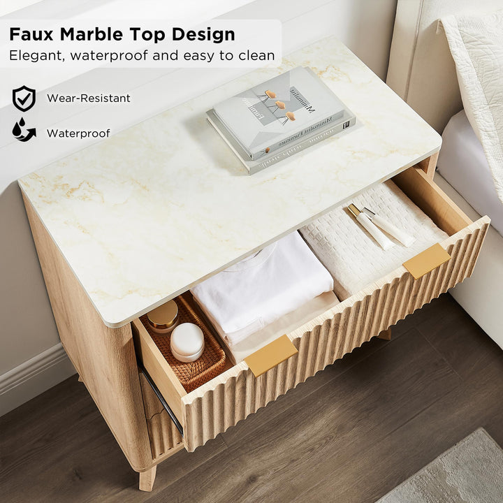 T4TREAM 32" Large Fluted Nightstand with 3 Drawers Set of 2, Natural Oak 