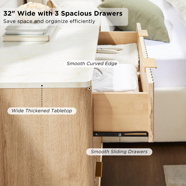 T4TREAM 32" Large Fluted Nightstand with 3 Drawers Set of 2, Natural Oak 
