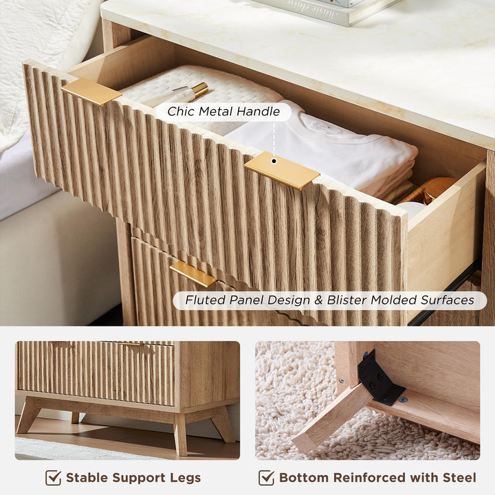 T4TREAM 32" Large Fluted Nightstand with 3 Drawers Set of 2, Natural Oak 