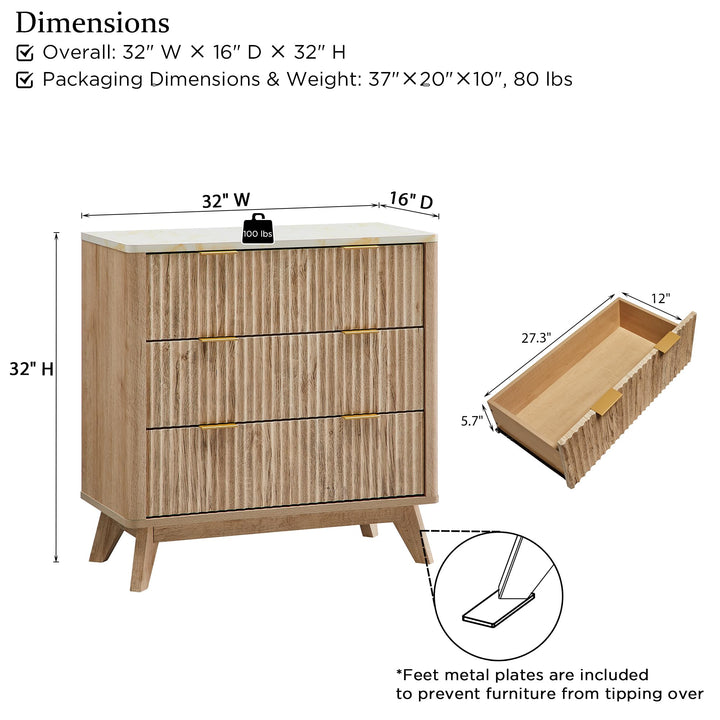 T4TREAM 32" Large Fluted Nightstand with 3 Drawers Set of 2, Natural Oak 