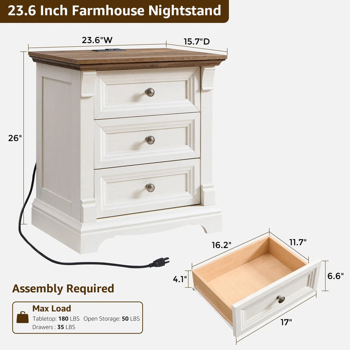 Farmhouse 26"H Nightstand Set of 2, 23.6"W End Table with Charging Station 