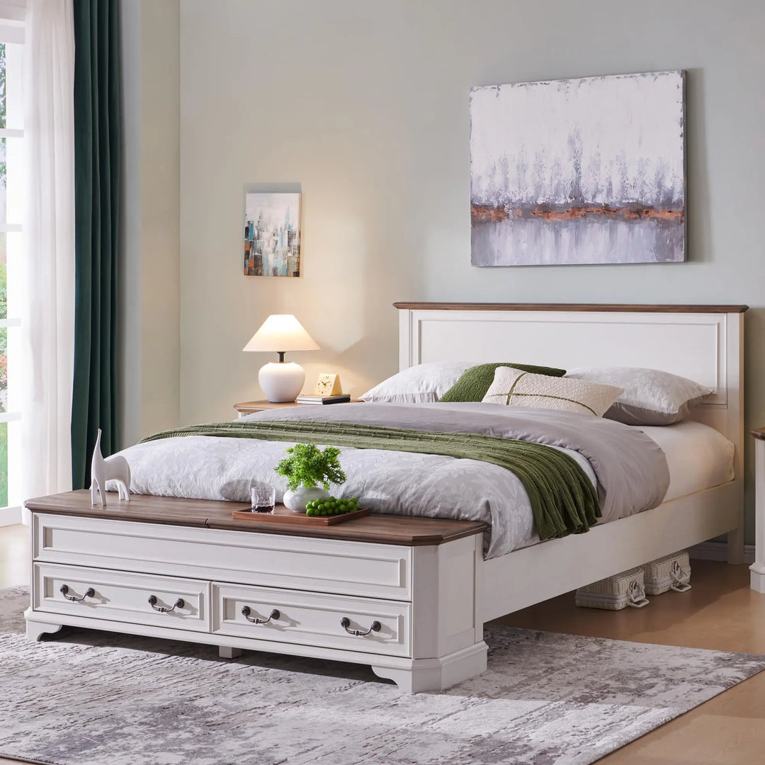T4TREAM Farmhouse Queen Bed with Headboard and Storage Bench(Antique White) 