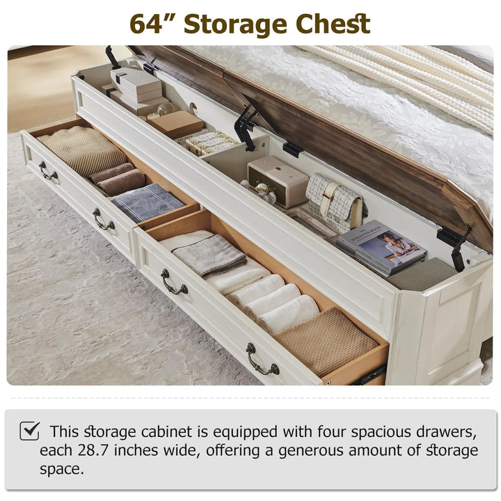 T4TREAM Farmhouse Queen Bed with Headboard and Storage Bench(Antique White) 