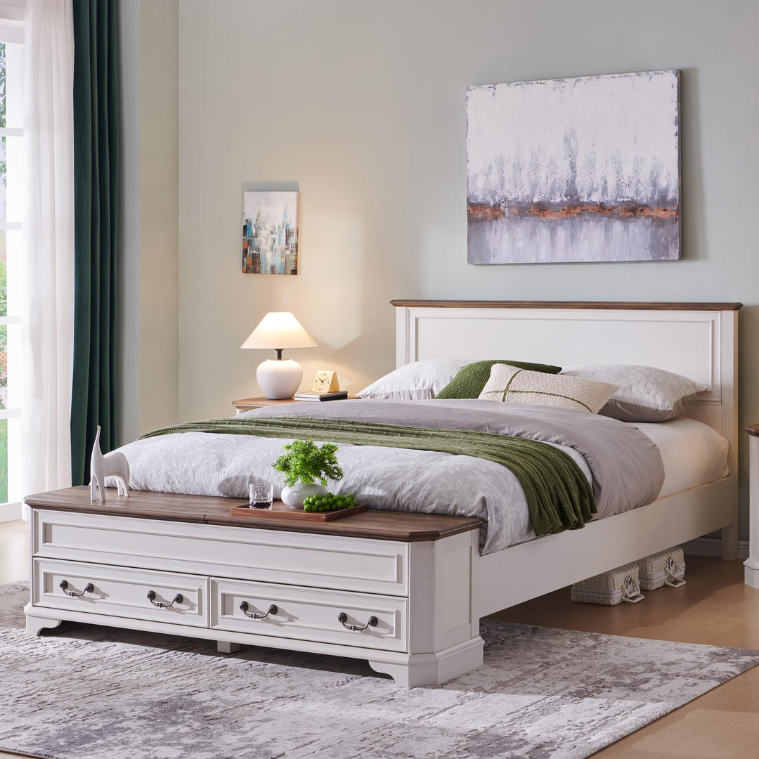 T4TREAM Farmhouse Queen Bed with Headboard and Storage Bench(Antique White) 