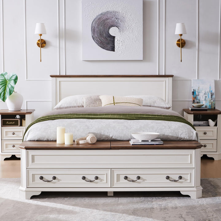 T4TREAM Farmhouse Queen Bed with Headboard and Storage Bench(Antique White) 