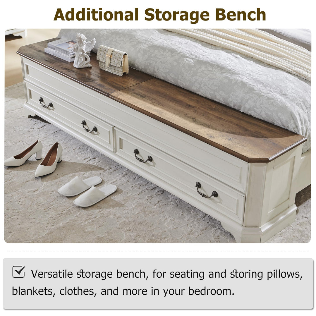 T4TREAM Farmhouse Queen Bed with Headboard and Storage Bench(Antique White) 