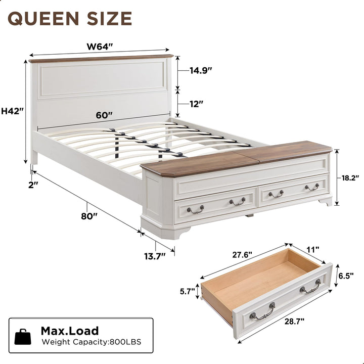 T4TREAM Farmhouse Queen Bed with Headboard and Storage Bench(Antique White) 