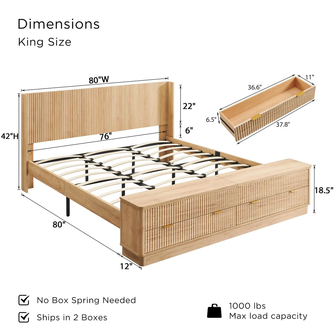 T4TREAM Fluted King Bed with Headboard and Storage Bench, Natural Oak