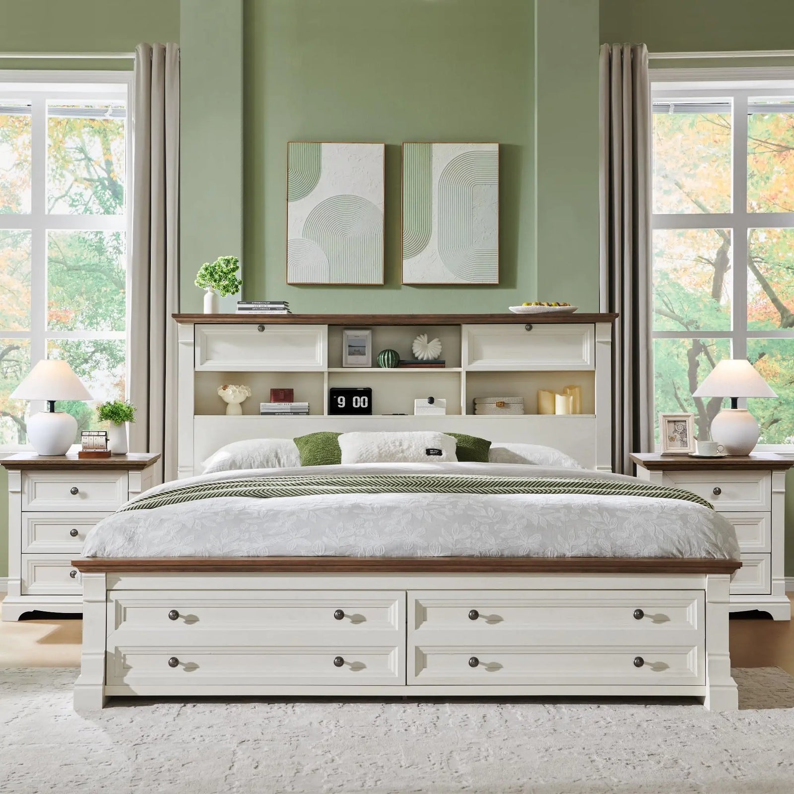 Wood Queen Size Bed Frame with 54" Tall Storage Headboard Charging Station 