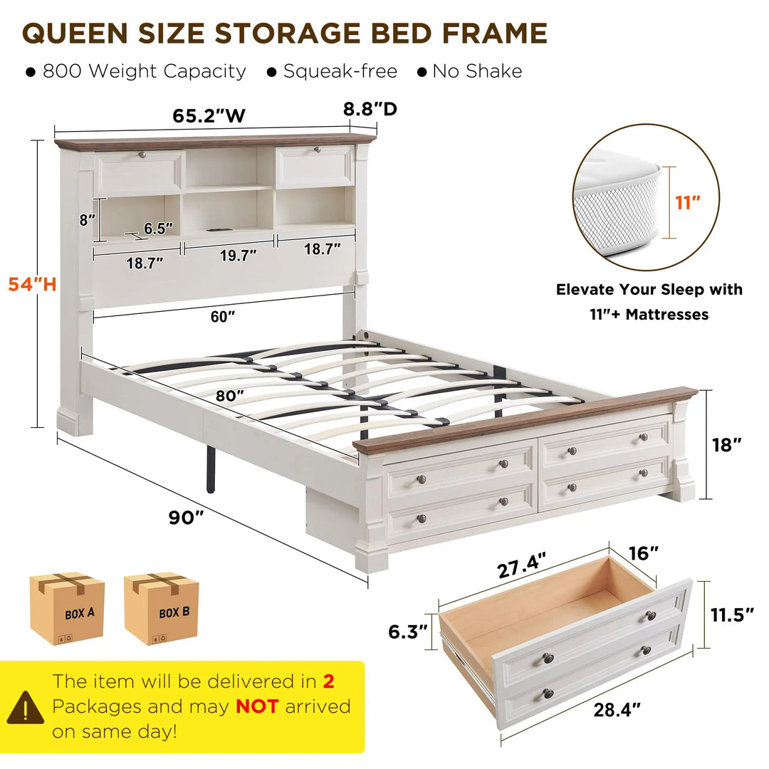 Wood Queen Size Bed Frame with 54" Tall Storage Headboard Charging Station 