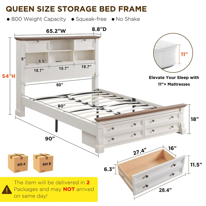 Wood Queen Size Bed Frame with 54" Tall Storage Headboard Charging Station 