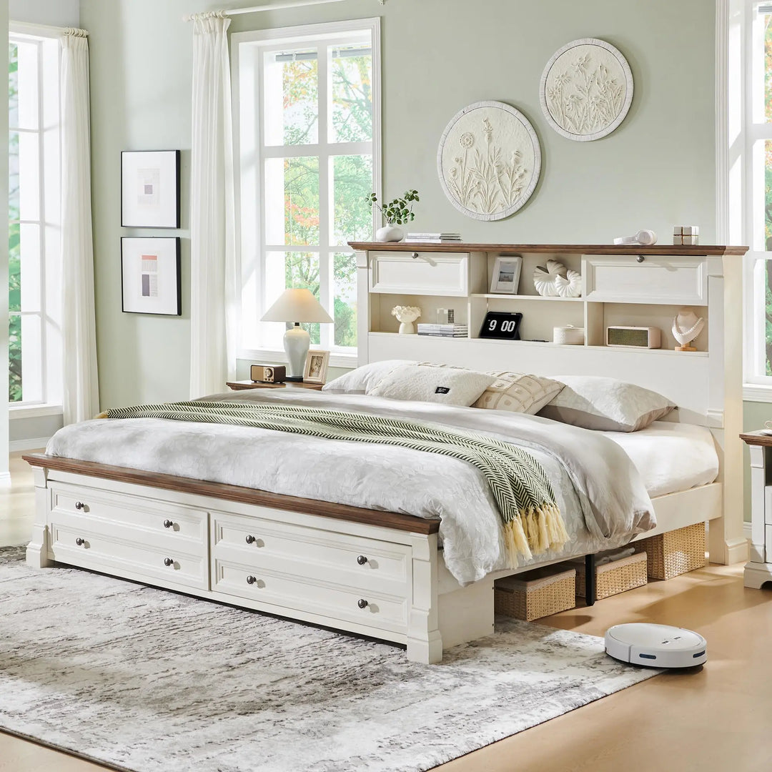 Wood Queen Size Bed Frame with 54" Tall Storage Headboard Charging Station 