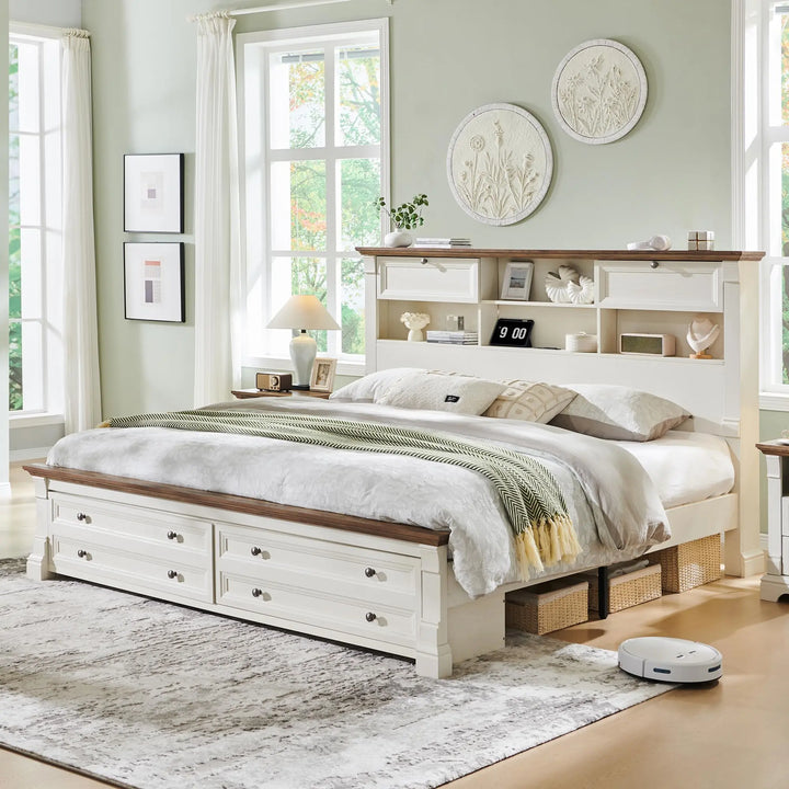 Wood Queen Size Bed Frame with 54" Tall Storage Headboard Charging Station 