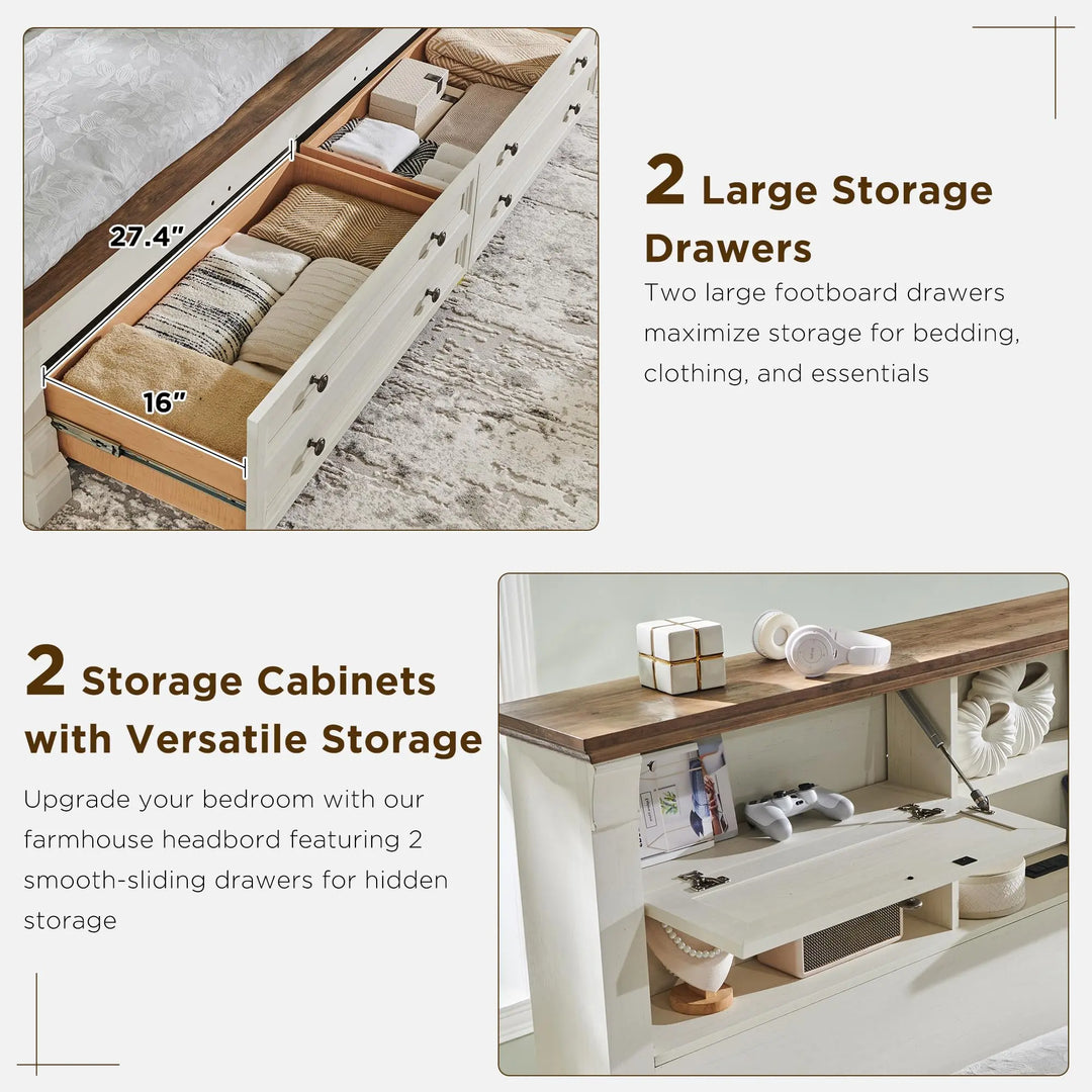 Wood Queen Size Bed Frame with 54" Tall Storage Headboard Charging Station 
