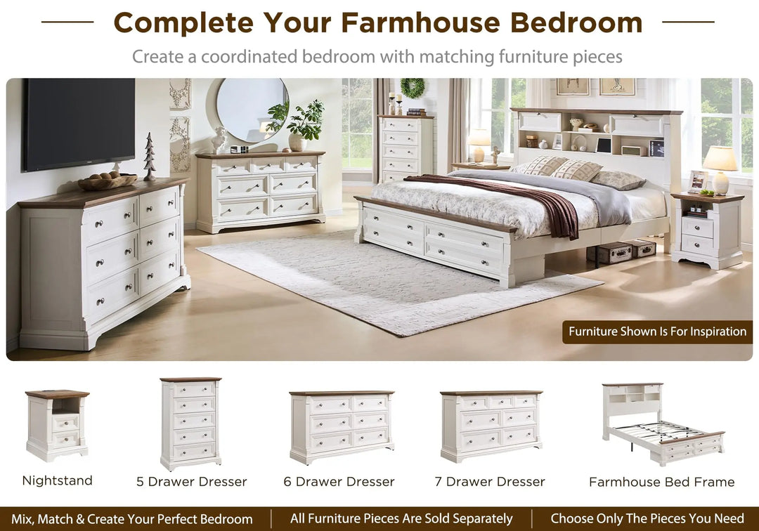 Wood Queen Size Bed Frame with 54" Tall Storage Headboard Charging Station 