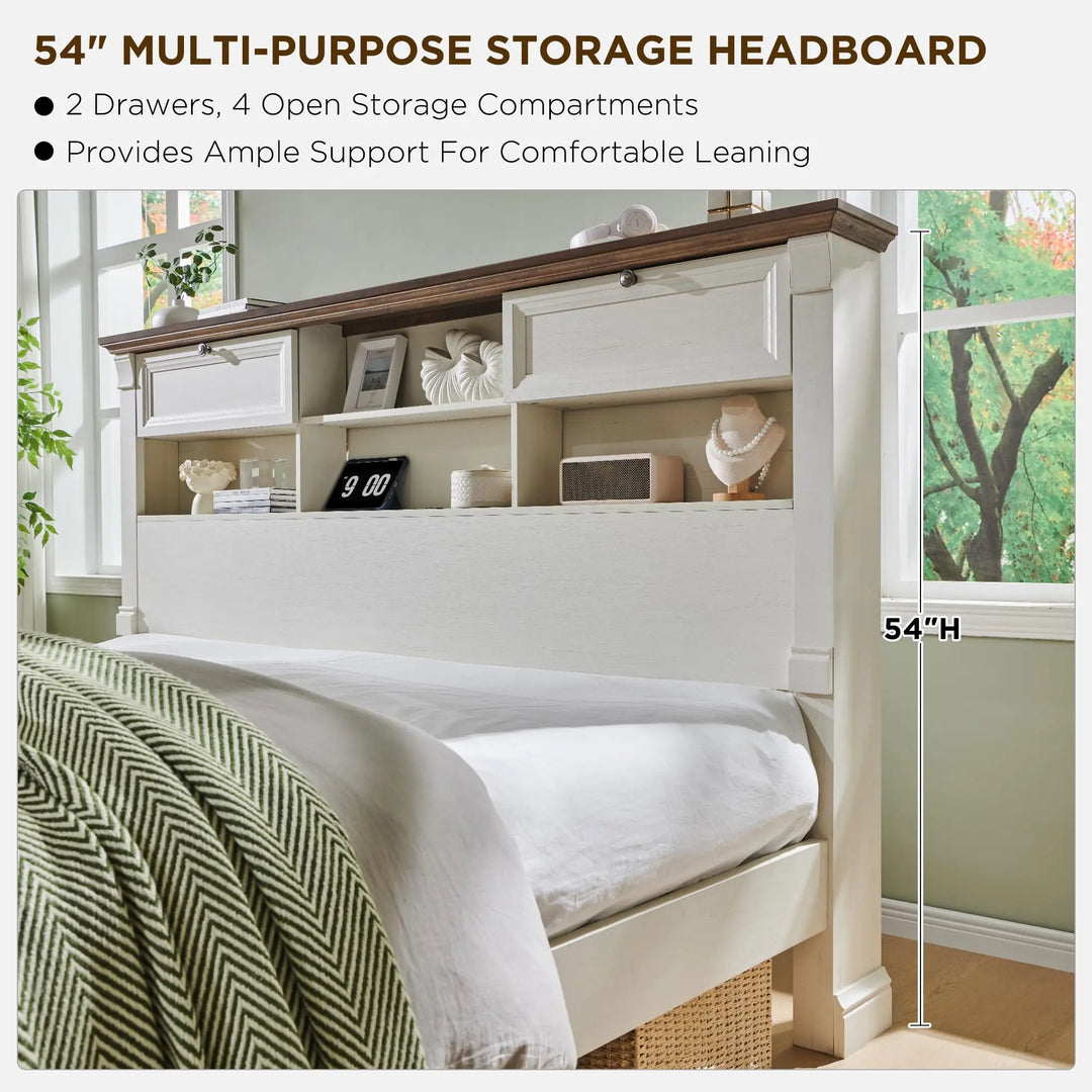 Wood Queen Size Bed Frame with 54" Tall Storage Headboard Charging Station 